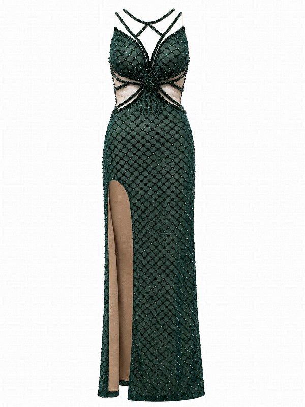 【新品DRESS 2027】総スパンコールビジューシアー切替タイトロングドレス グリーン